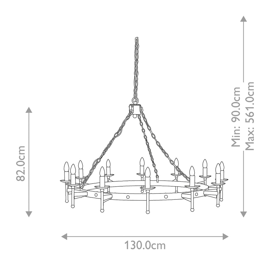 Schéma technique coté du lustre : diamètre 130 cm, hauteur réglable de 90 à 561 cm