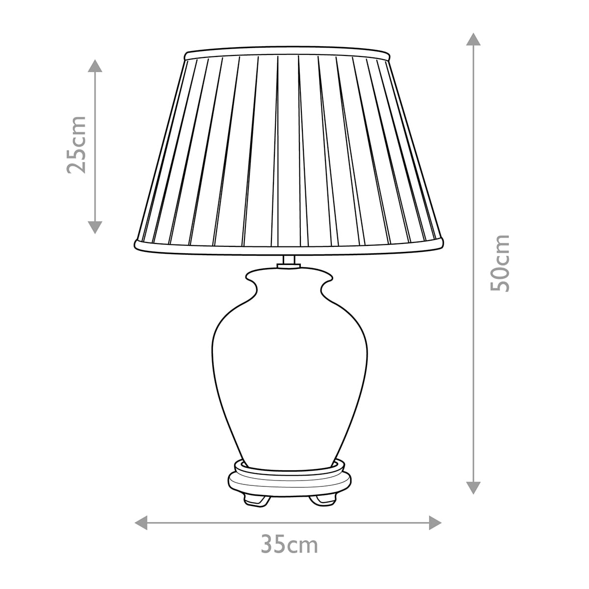 Schéma de dimensions : 50 cm de haut, 35 cm de large, abat-jour 25 cm.