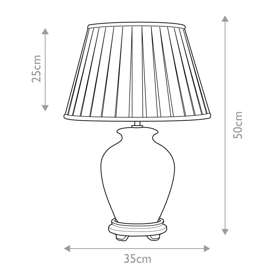 Schéma de dimensions : 50 cm de haut, 35 cm de large, abat-jour 25 cm.