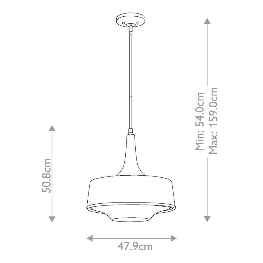 Schéma coté de la suspension : hauteur 54 à 159 cm et largeur 47,9 cm.