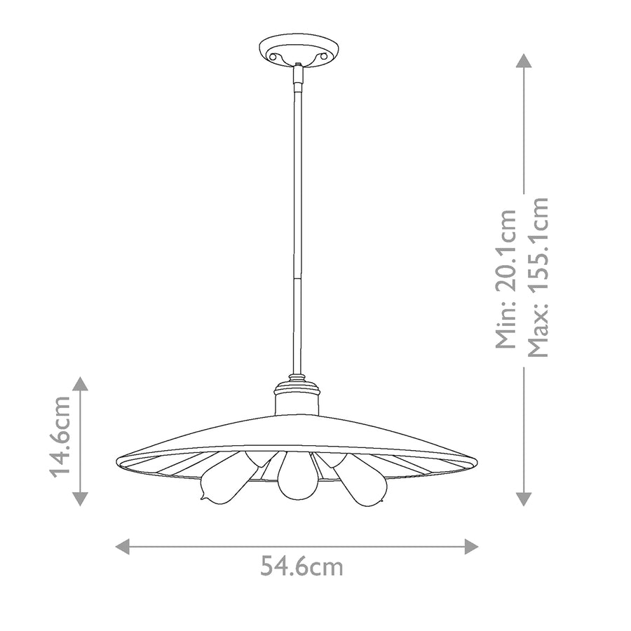 Schéma coté du luminaire avec diamètre et hauteur réglable indiqués
