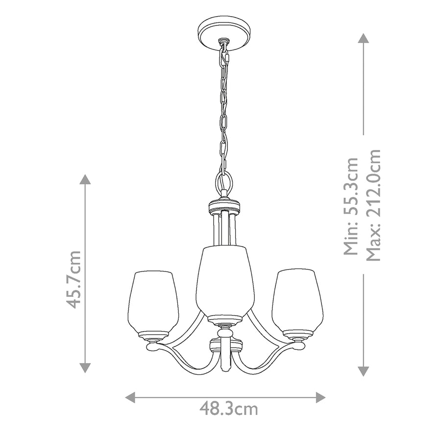 Schéma coté du lustre avec hauteur réglable de 55,3 à 212 cm et largeur 48,3 cm.
