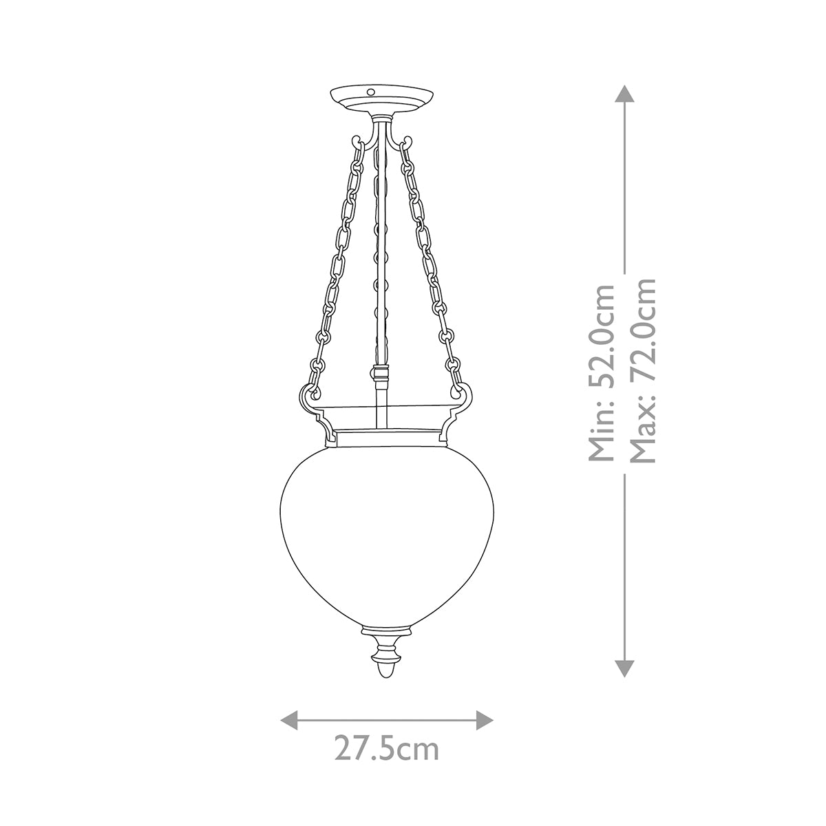 Schéma technique coté avec hauteur minimale et maximale et diamètre du luminaire