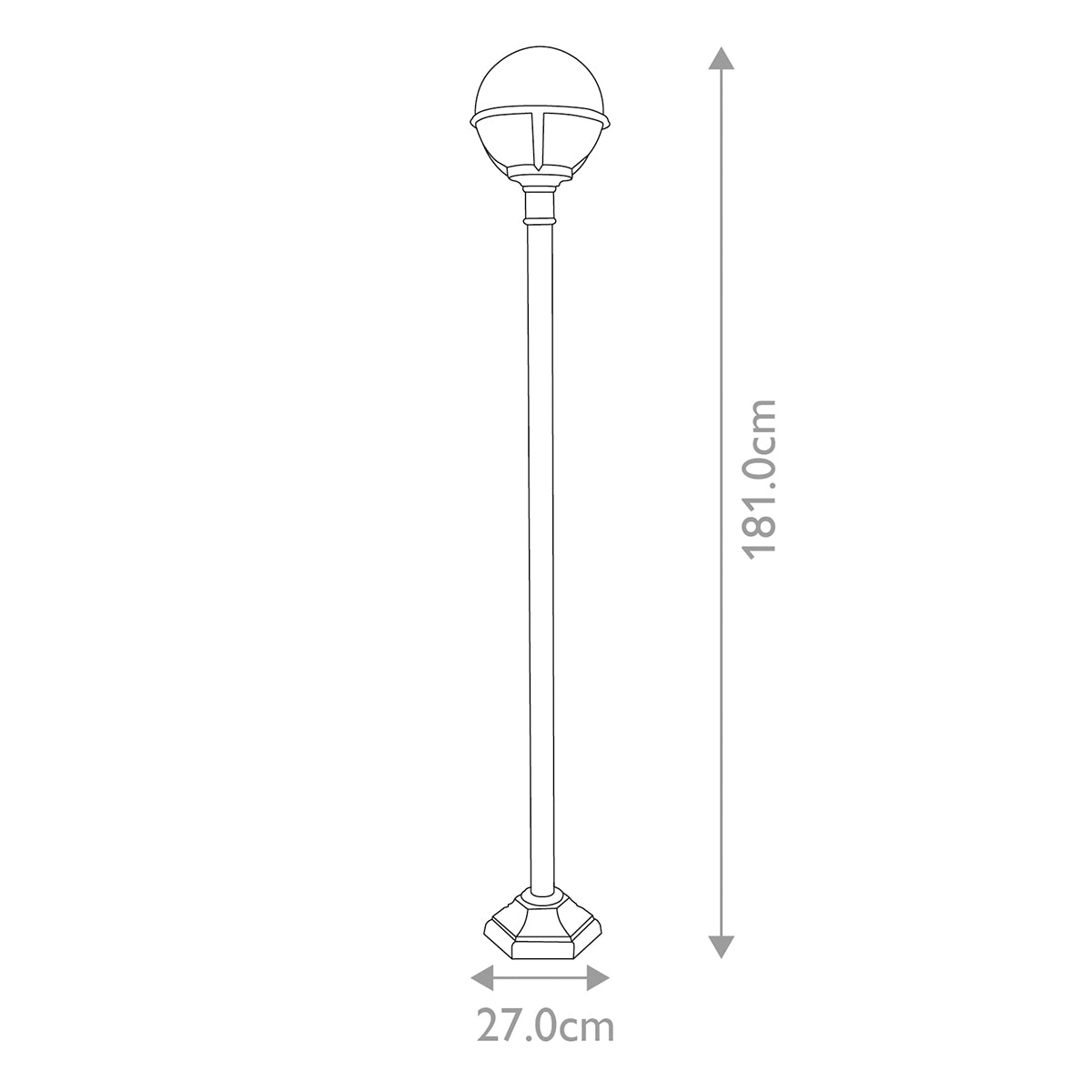 Schéma coté indiquant hauteur 181 cm et largeur de base 27 cm.