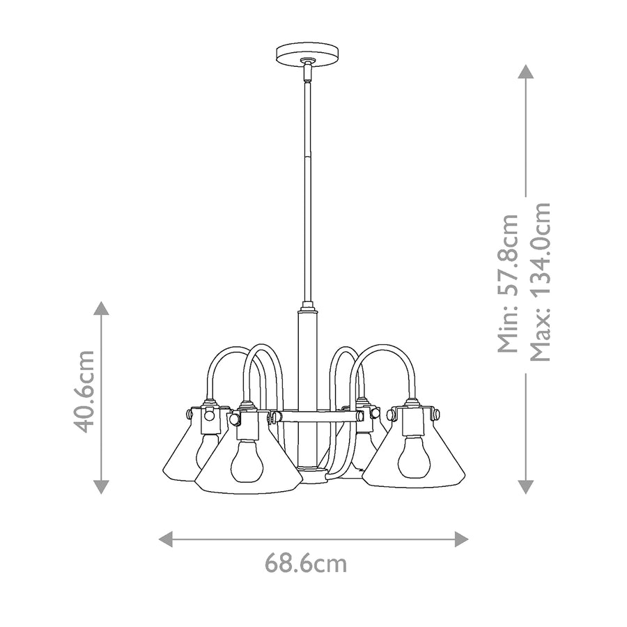 Schéma de dimensions : hauteur minimale 57,8 cm, maximale 134 cm, diamètre 68,6 cm.