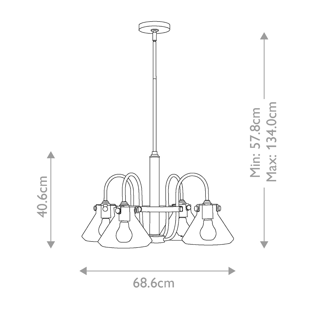 Schéma de dimensions : hauteur minimale 57,8 cm, maximale 134 cm, diamètre 68,6 cm.