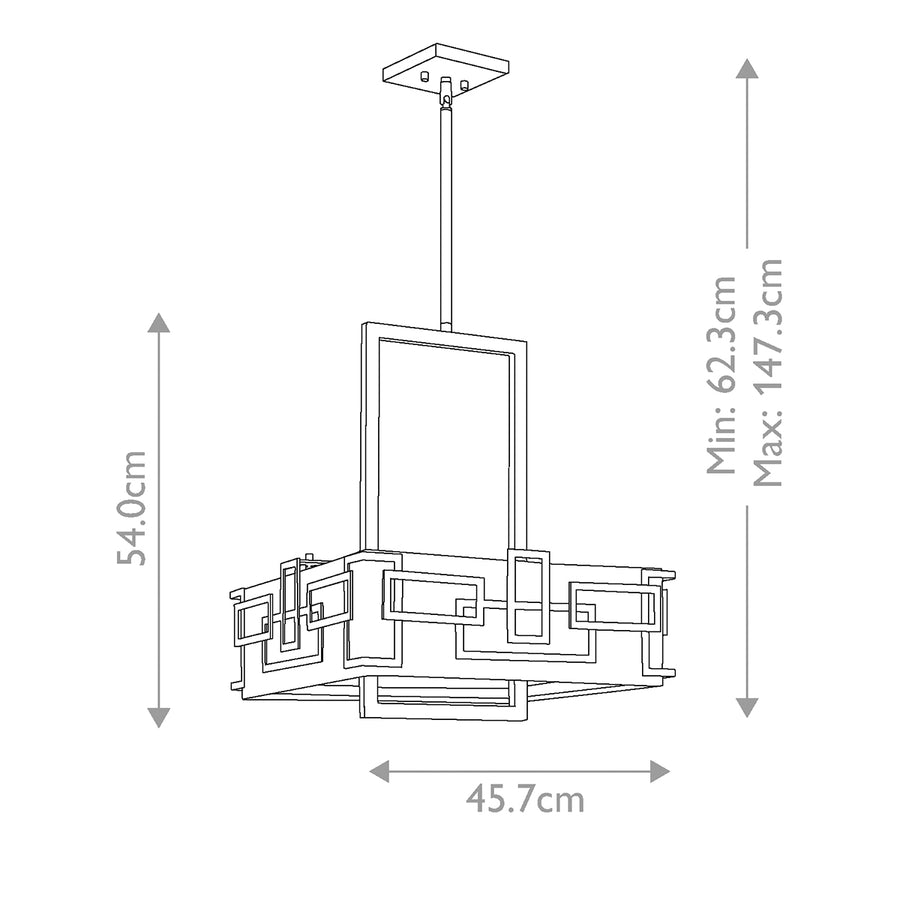 Schéma coté du luminaire avec hauteur minimale, maximale et largeur.