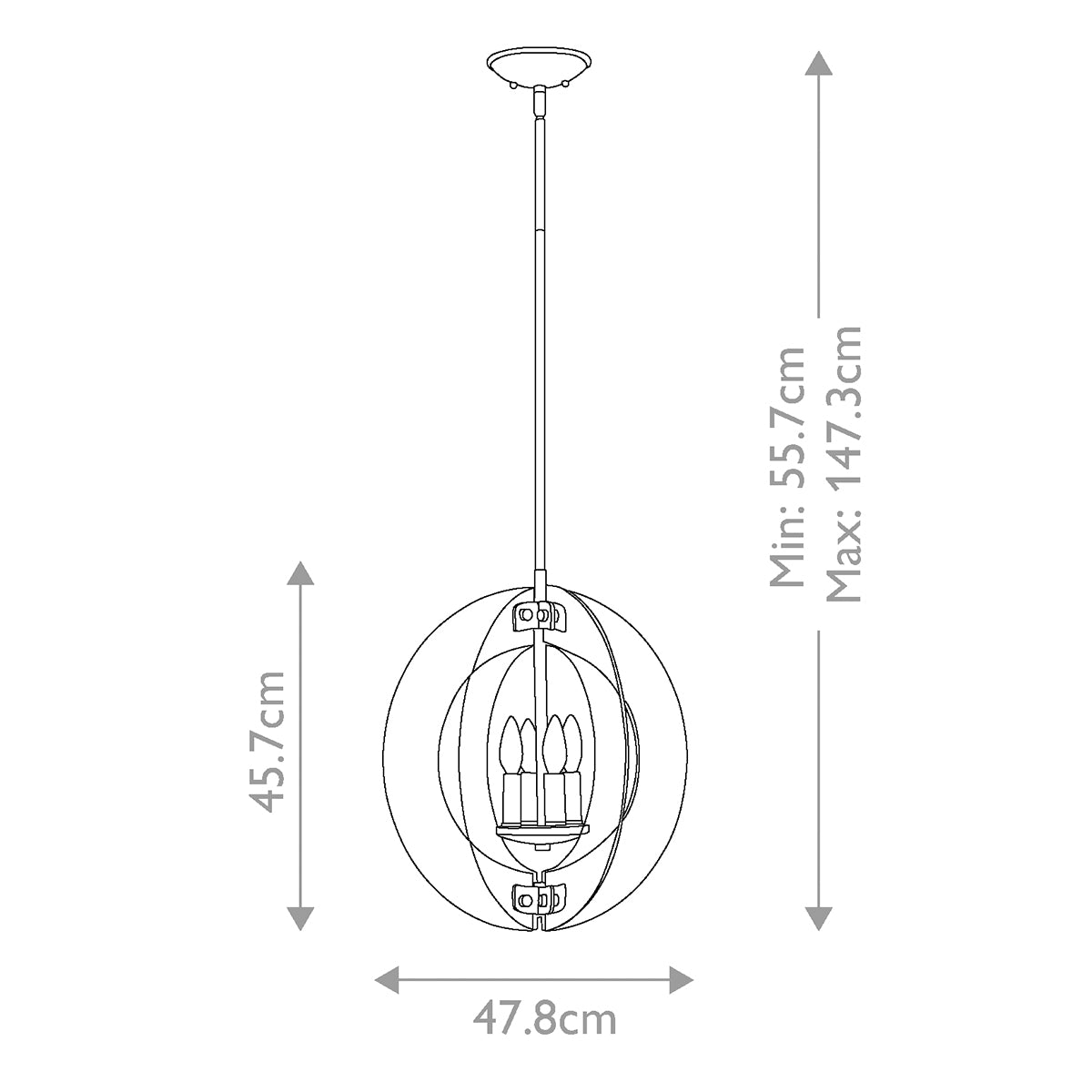 Schéma coté du luminaire avec hauteur minimale, maximale et largeur de 47,8 cm.