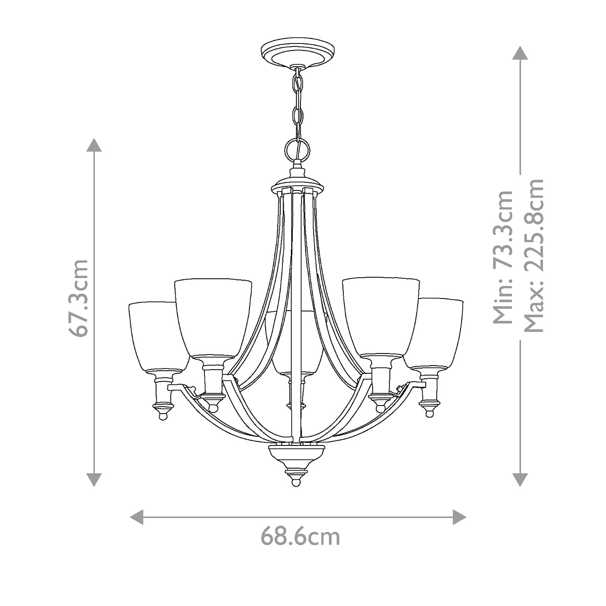 Schéma coté du luminaire avec hauteur minimale, maximale et diamètre