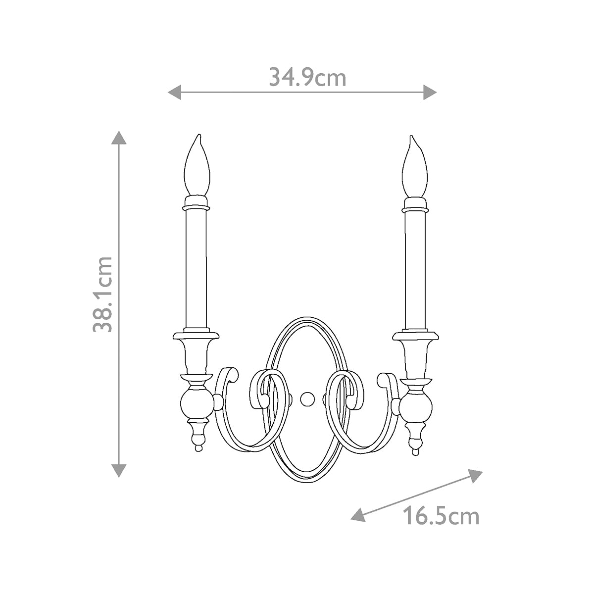 Schéma coté de l'applique avec largeur 34,9 cm, hauteur 38,1 cm et profondeur 16,5 cm