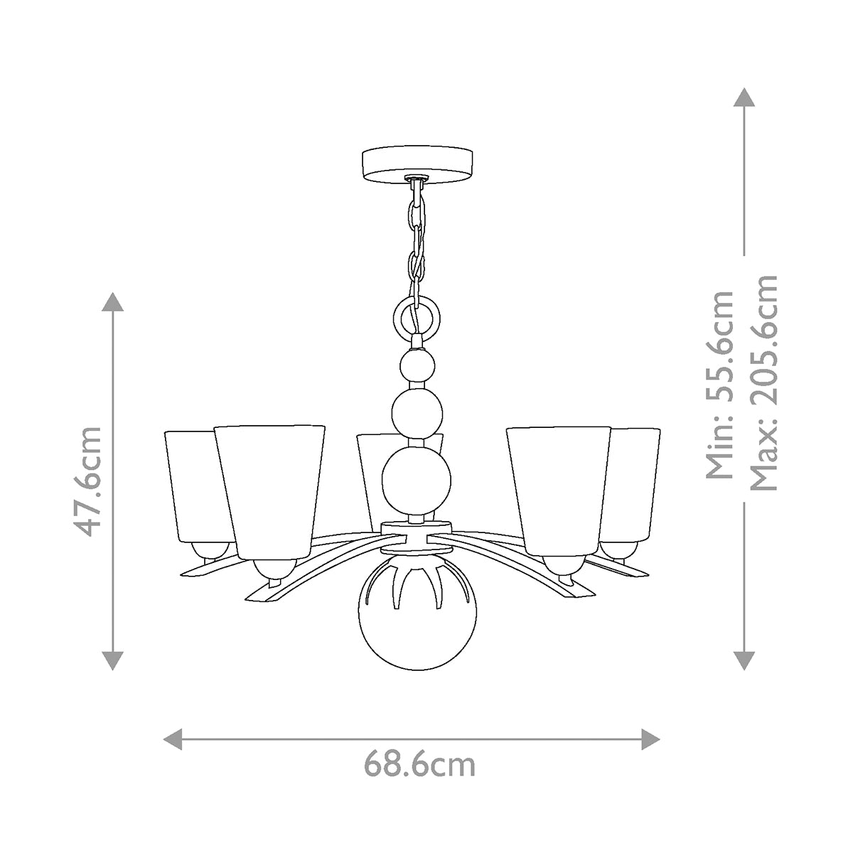 Schéma de dimensions du lustre, hauteur et largeur indiquées