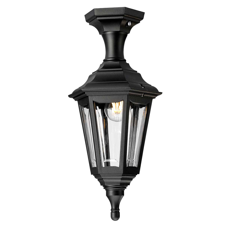 Vue du luminaire monté au plafond avec tige courte et finial bas