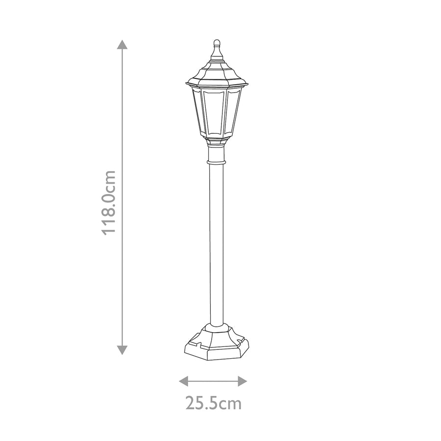 Schéma technique coté indiquant une hauteur de 118 cm et une base de 25,5 cm