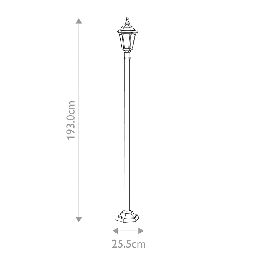 Schéma coté du lampadaire indiquant 193 cm de hauteur et 25,5 cm de base