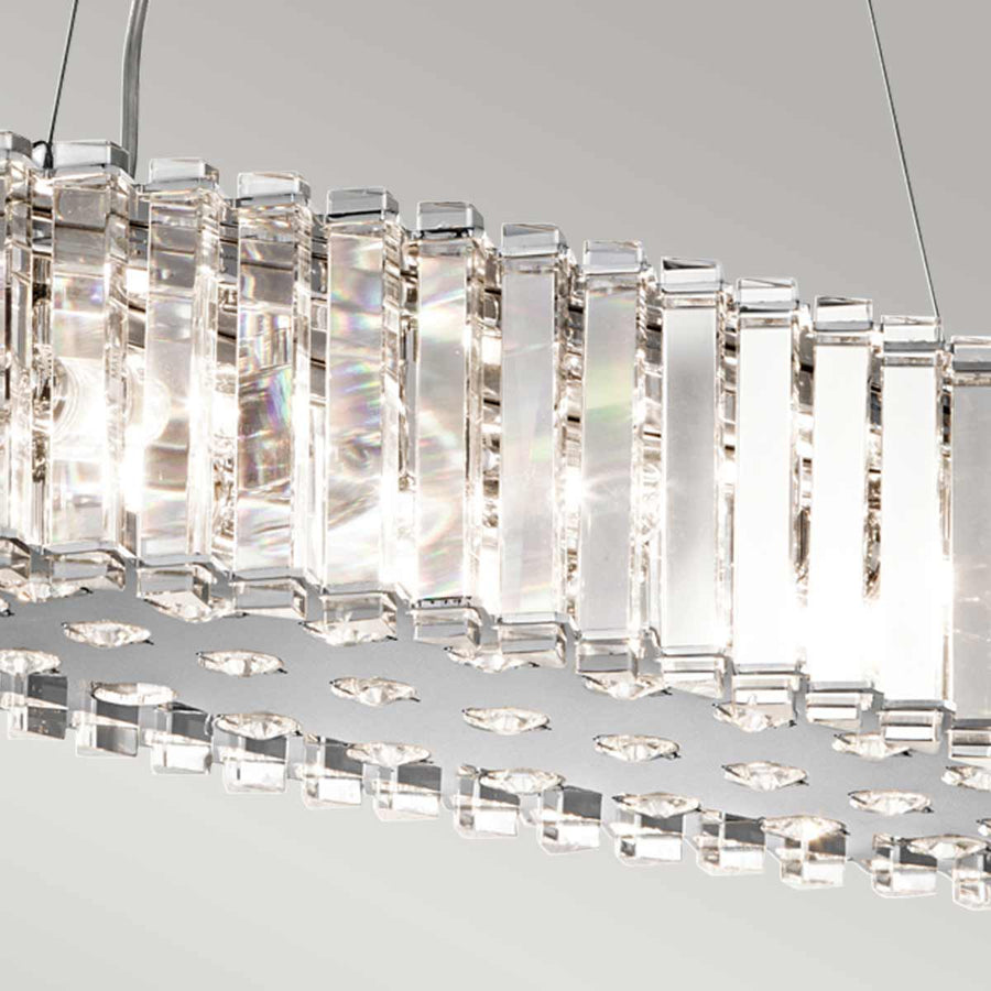 Détail des prismes de cristal et de la base chromée ajourée, reflets irisés.