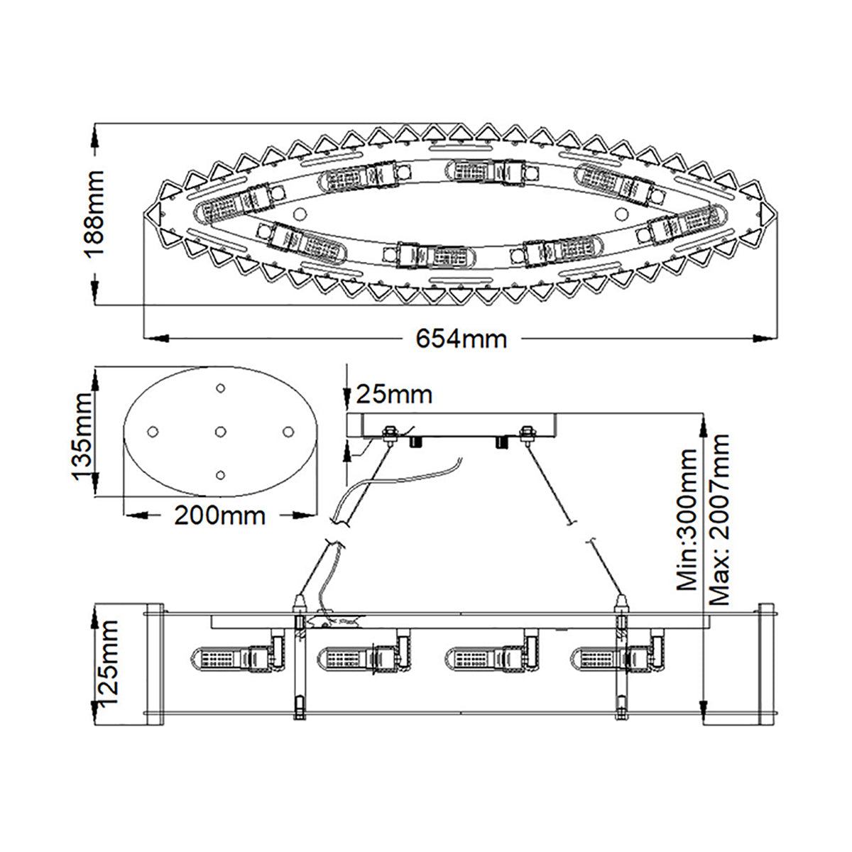 Schéma technique coté : dimensions au sol, hauteur réglable et implantation des ampoules.