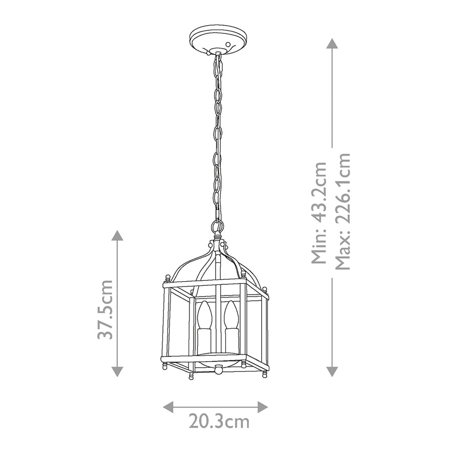 Schéma de dimensions : hauteur 37,5 cm, largeur 20,3 cm, réglage de 43,2 à 226,1 cm.