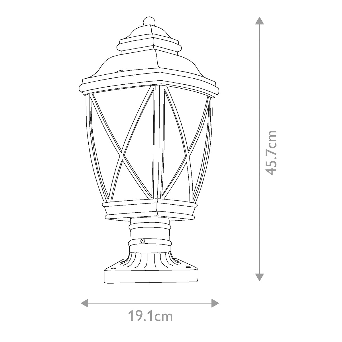 Schéma technique coté indiquant hauteur 45,7 cm et largeur 19,1 cm.