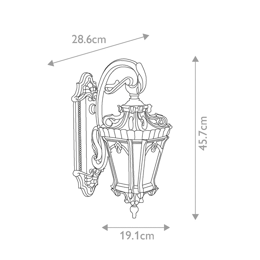 Schéma technique avec dimensions : hauteur 45,7 cm, profondeur 28,6 cm et largeur 19,1 cm.