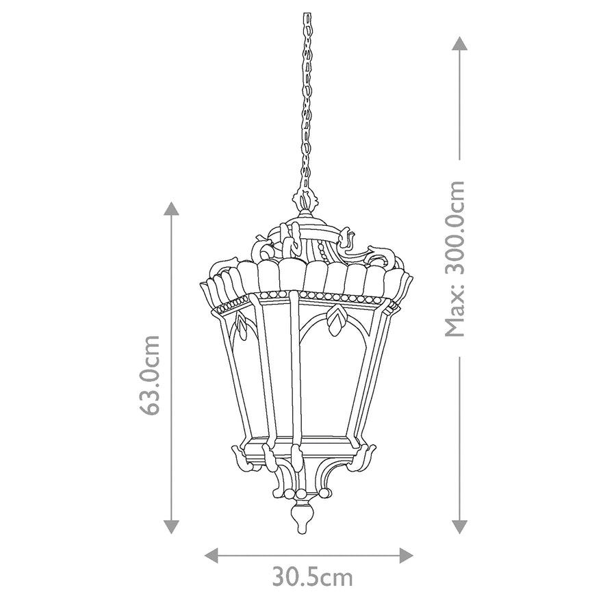 Schéma technique coté : hauteur 63 cm, largeur 30,5 cm et chaîne jusqu'à 300 cm