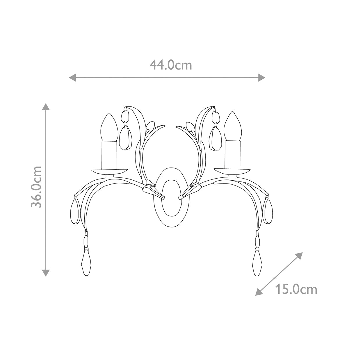 Schéma coté de l'applique, largeur 44 cm, hauteur 36 cm, profondeur 15 cm