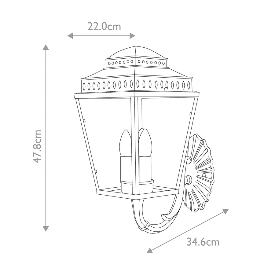 Schéma coté de l applique avec hauteur 47.8 cm, largeur 22 cm, profondeur 34.6 cm
