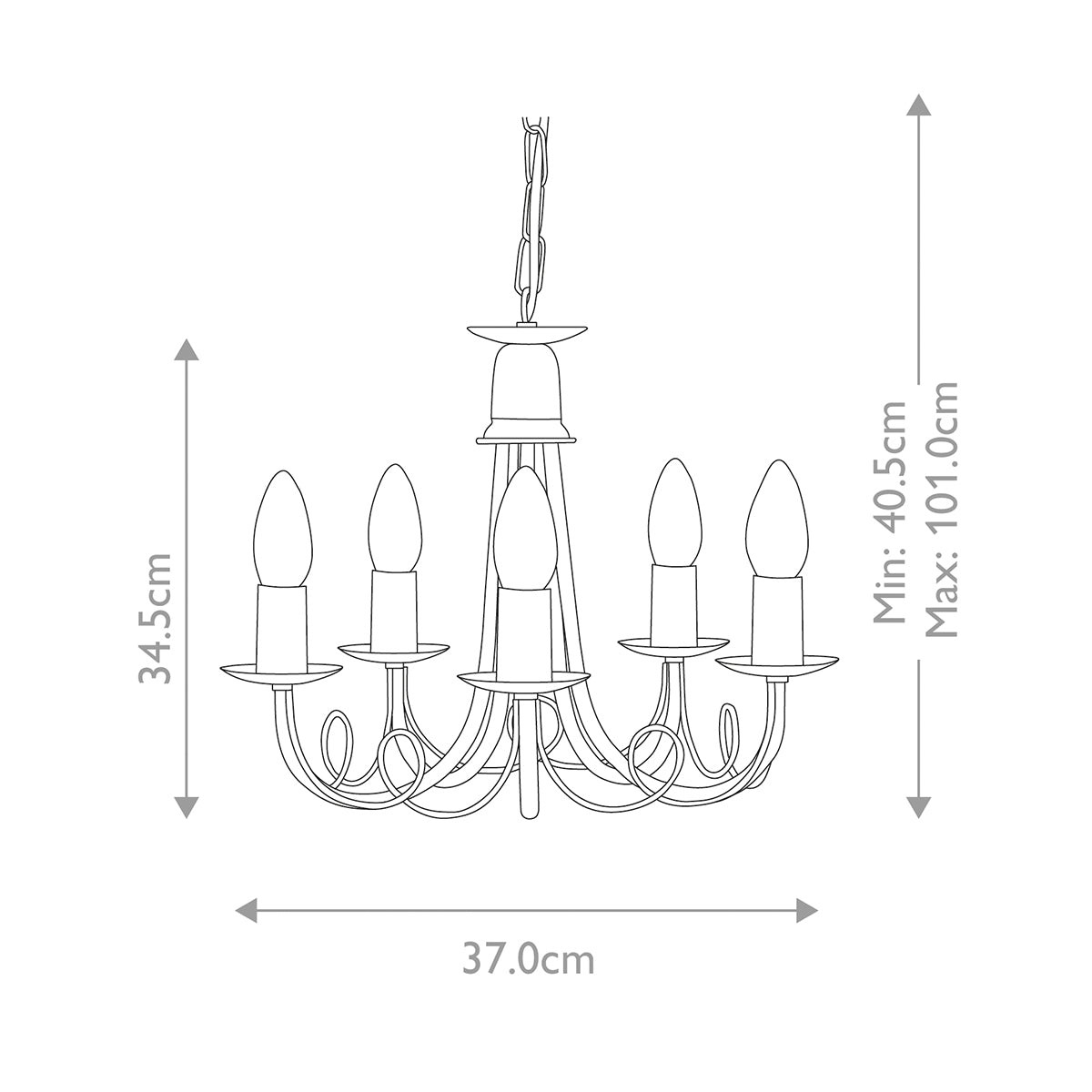 Schéma technique coté du lustre avec largeur et hauteurs minimale et maximale.