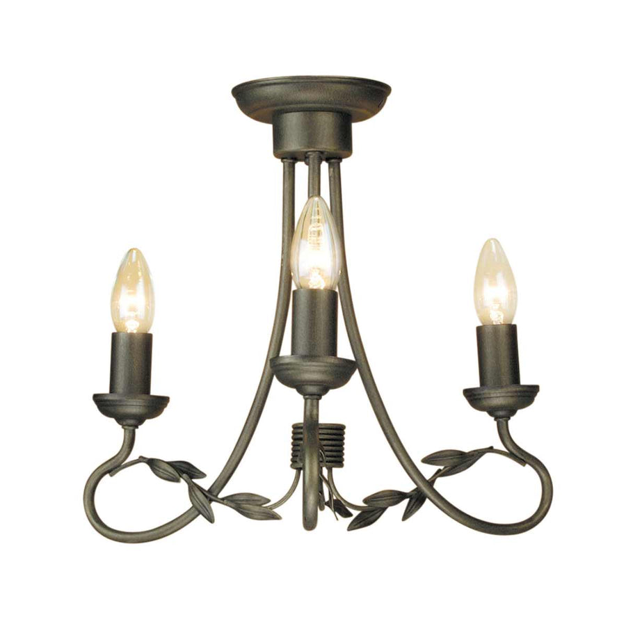 Lustre avec rosace de plafond, trois lumières allumées, vue de face.