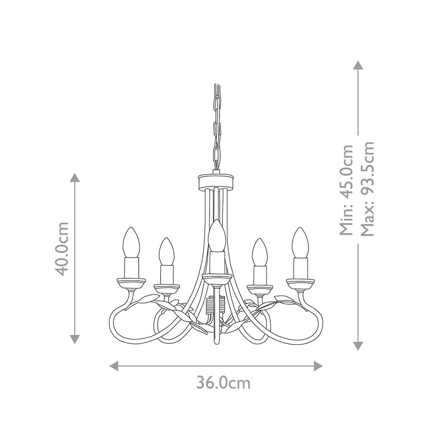 Schéma coté du lustre : largeur 36 cm, hauteur 40 à 93,5 cm