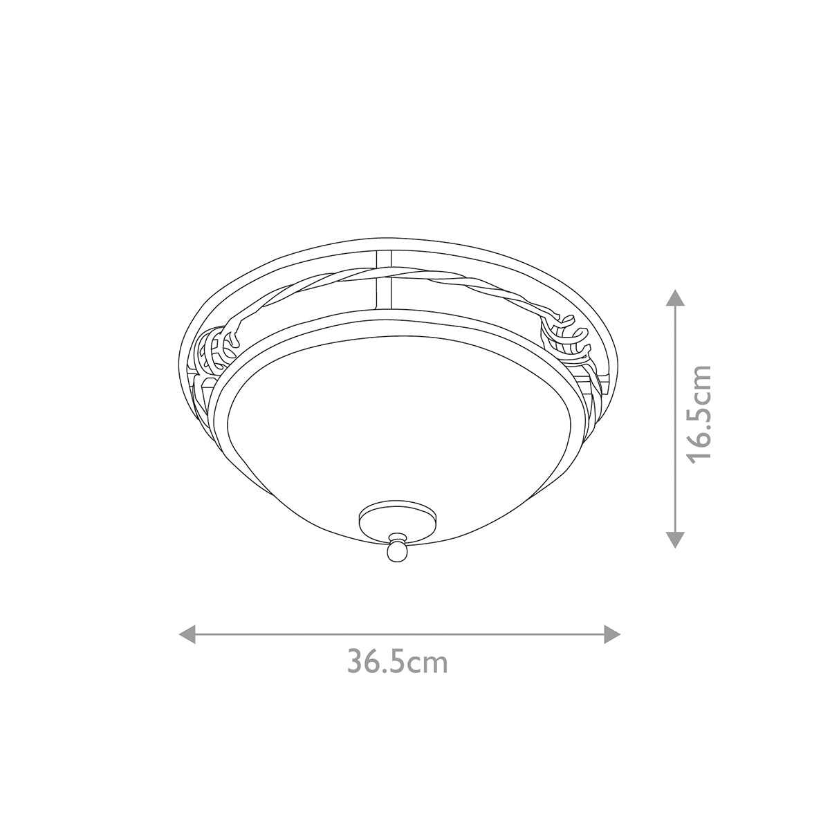 Schéma technique coté du plafonnier, diamètre 36,5 cm et hauteur 16,5 cm