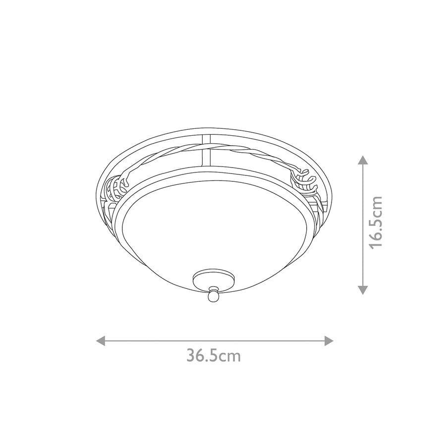 Schéma technique coté du plafonnier, diamètre 36,5 cm et hauteur 16,5 cm