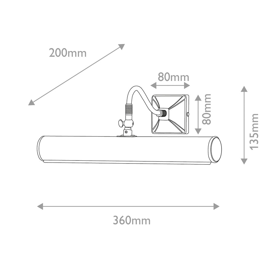 Schéma coté du luminaire avec dimensions : 360 mm de large et 200 mm de profondeur.