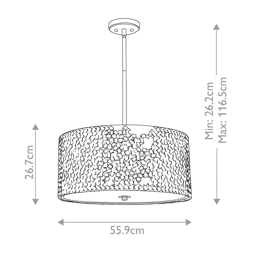 Schéma technique coté avec hauteur minimale, maximale et diamètre de l'abat-jour.