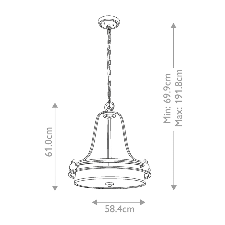 Schéma technique coté indiquant hauteur minimale, maximale et diamètre de l'abat-jour
