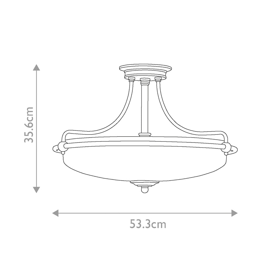 Schéma coté du plafonnier indiquant 35,6 cm de hauteur et 53,3 cm de largeur.
