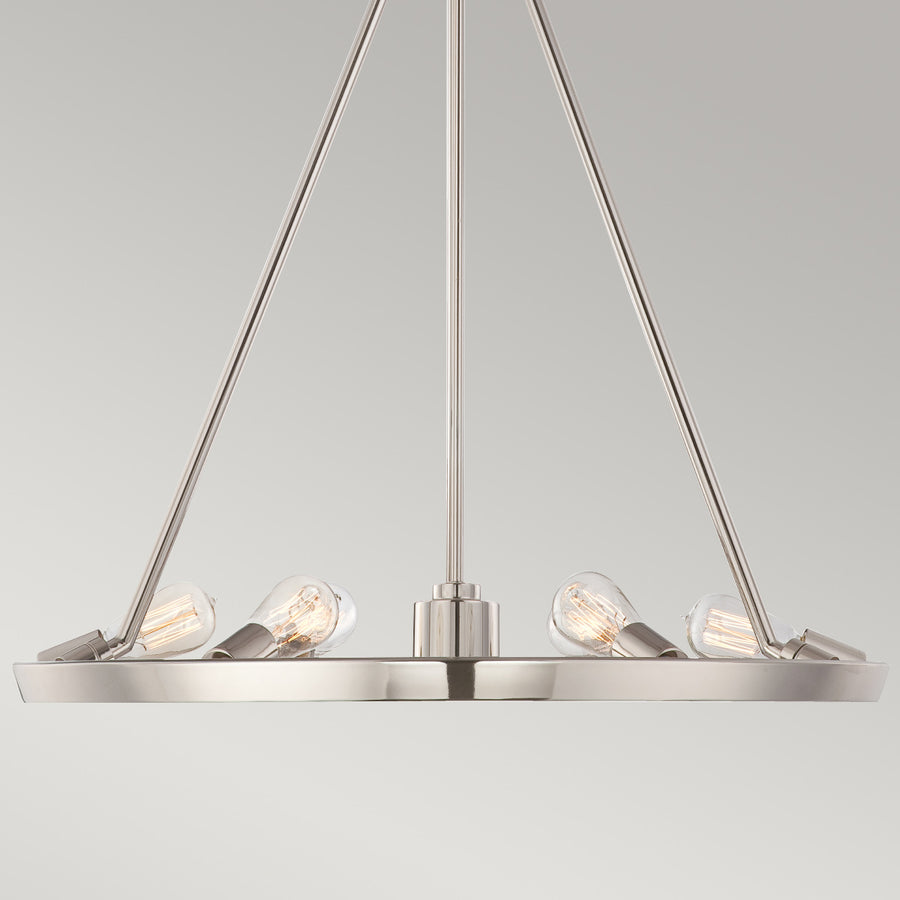 Détail du bas du luminaire avec six ampoules apparentes et socle rond
