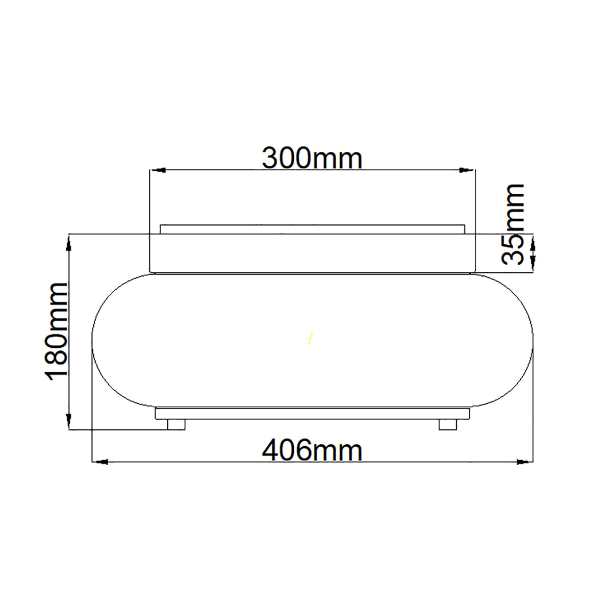 Schéma coté du luminaire avec dimensions 300, 406, 180 et 35 millimètres