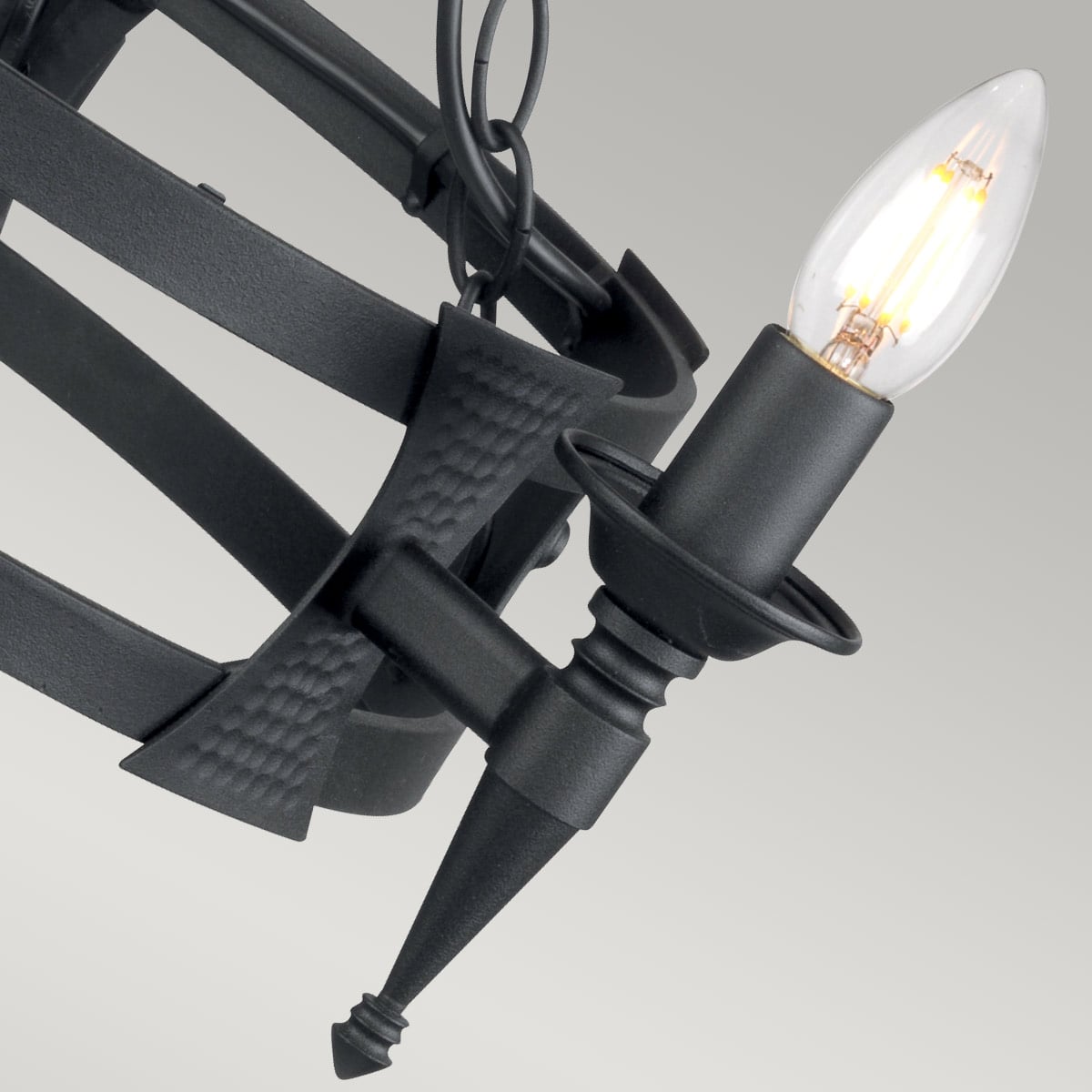Gros plan sur une branche, la coupelle et l'ampoule bougie allumée du luminaire