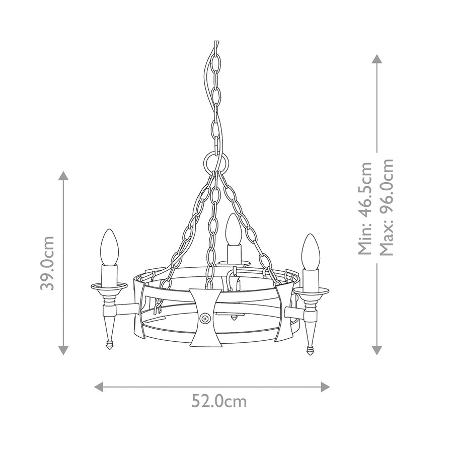 Schéma technique coté du lustre avec dimensions 39 cm, 52 cm et hauteur réglable