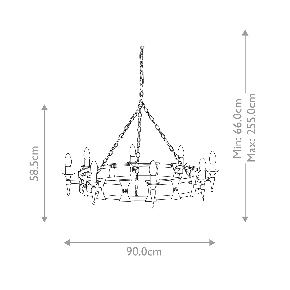 Schéma coté du lustre avec diamètre quatre-vingt-dix centimètres et hauteur réglable