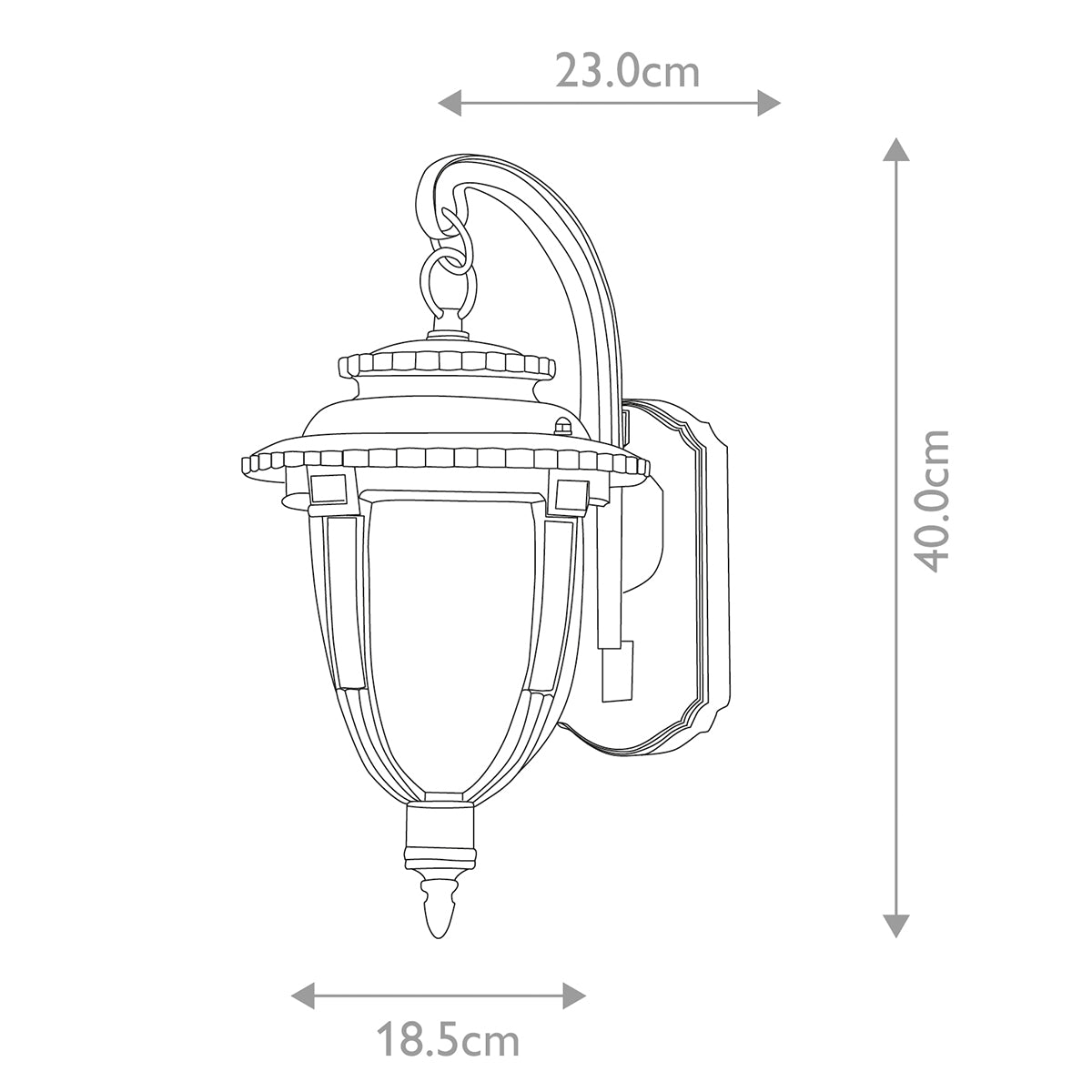 Schéma coté montrant 40 cm de hauteur, 23 cm de saillie et 18,5 cm de largeur