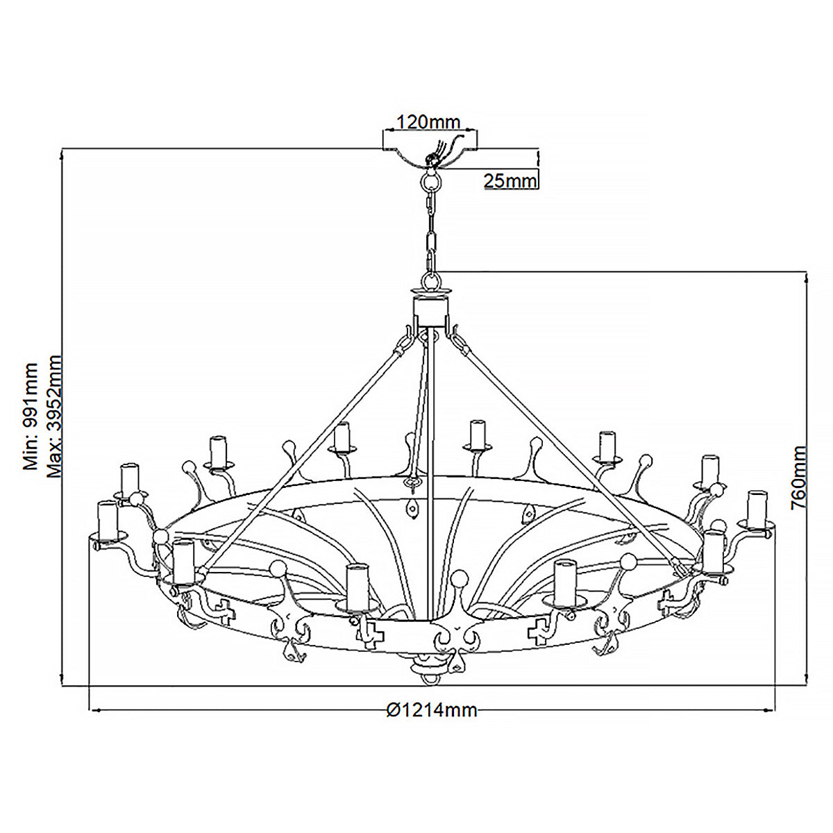 Schéma coté du lustre, diamètre 1214 mm et hauteur réglable de 991 à 3952 mm