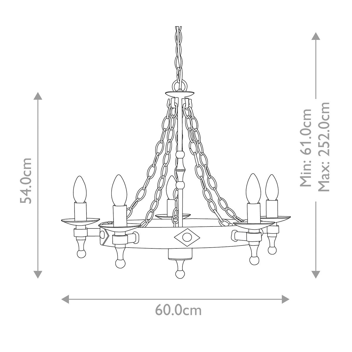 Schéma technique coté du lustre avec hauteur réglable et diamètre.
