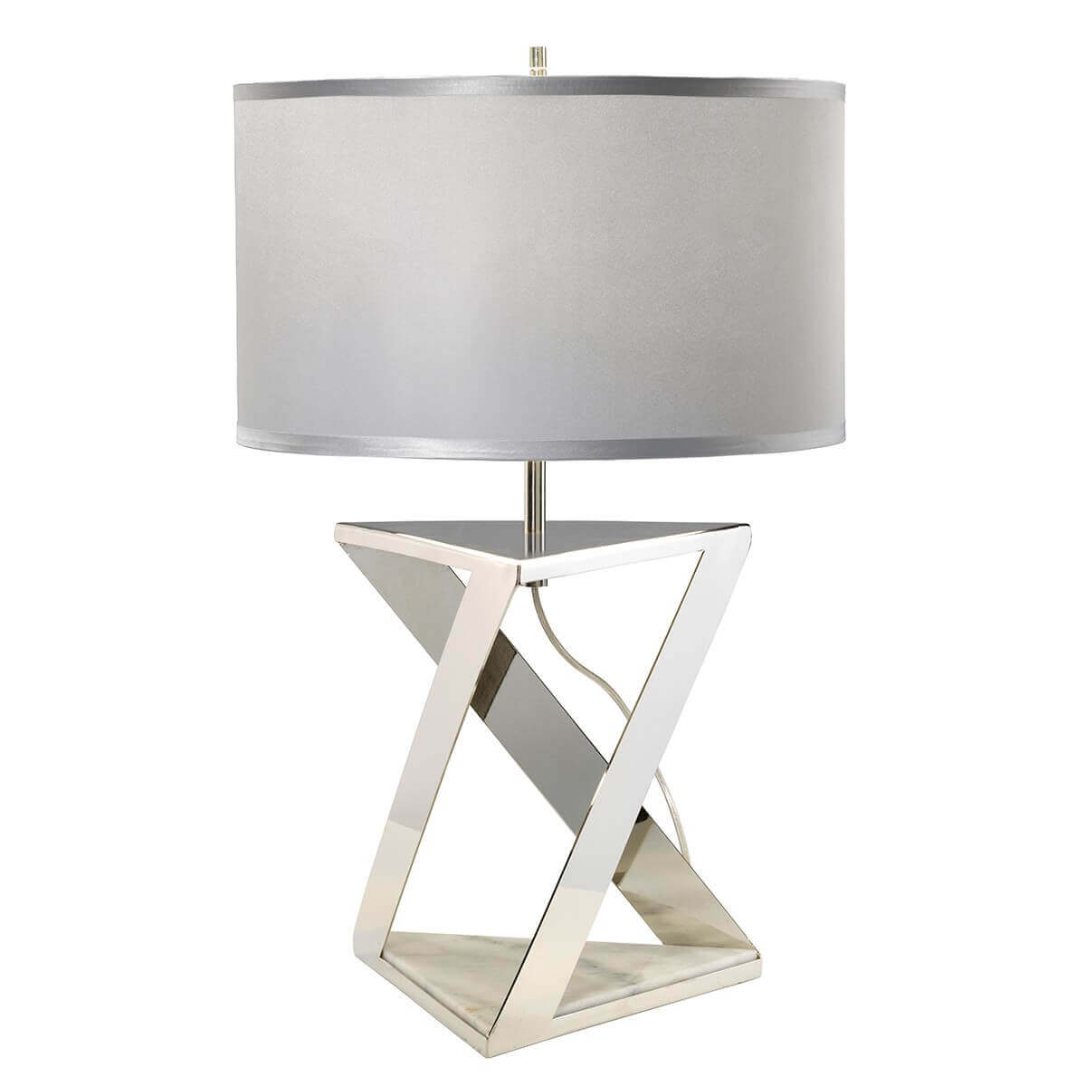 Lampe à poser vue de face, abat-jour cylindrique argenté sur socle croisé