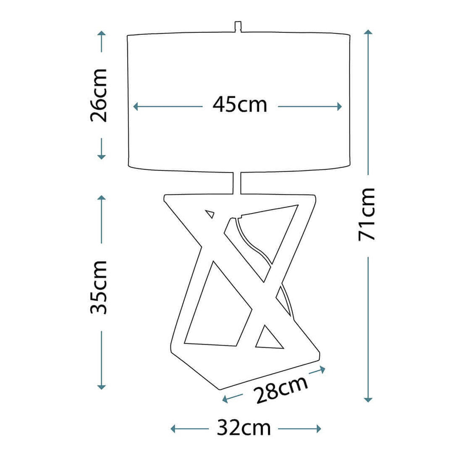 Schéma coté du luminaire avec hauteur totale, diamètre d'abat-jour et largeur de base