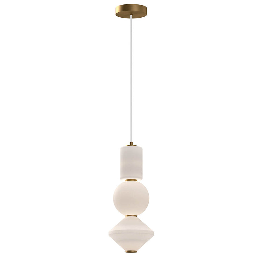 Suspension complète vue de face sur fond blanc, trois volumes opalins et détails dorés