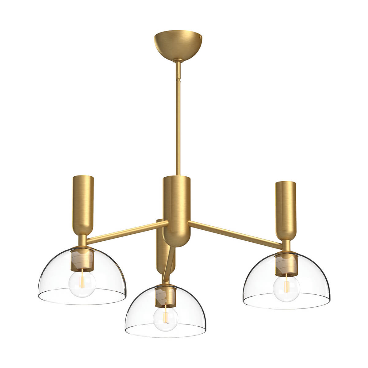 Lustre doré à trois bras, cloches en verre transparent, présenté de face sur fond blanc
