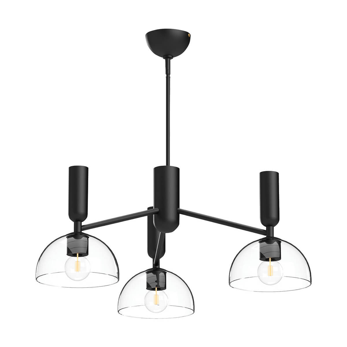 Lustre suspendu noir mat à trois bras, coupoles en verre transparent et ampoules visibles