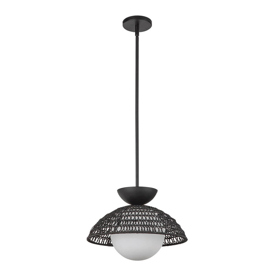 Luminaire suspendu noir mat photographié de face sur fond blanc uniforme