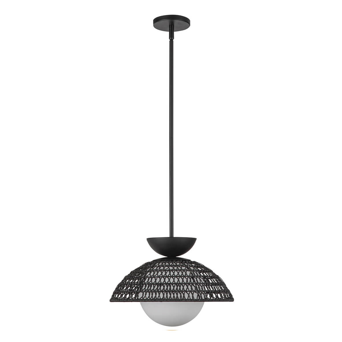 Suspension entière vue de face, tige, coupelle et diffuseur opalin lumineux
